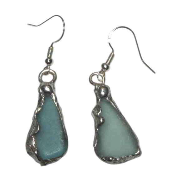 Handmade Sea Glass Earrings With Artisan Silver Blend Cabochons & 925 Hooks - Picture 4 of 13